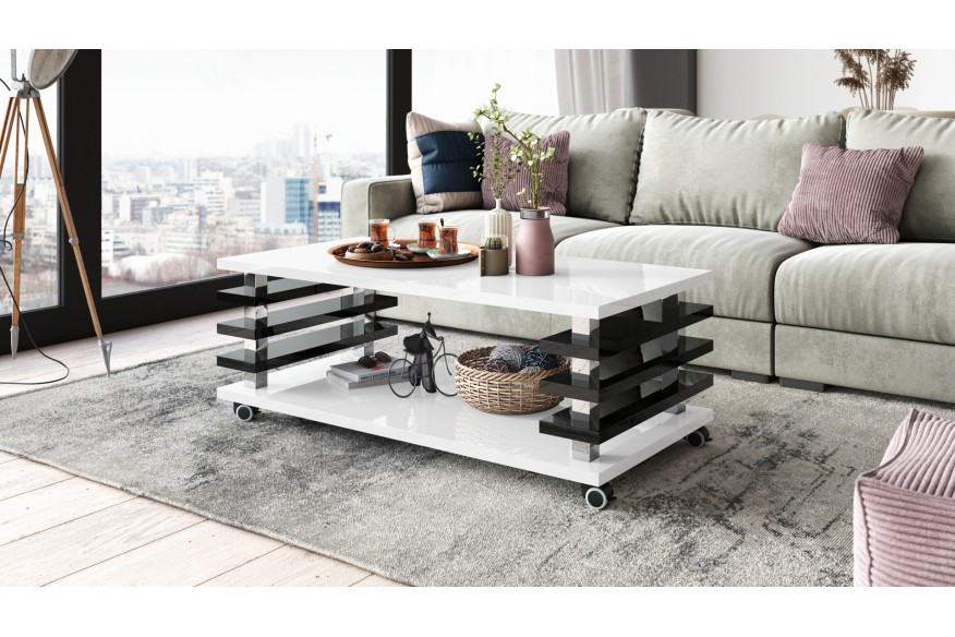 PORTO Bílý Lesk/Černý Lesk - MODERNÍ KONFERENČNÍ STOLEK S LAMELAMI 2v1 NA KOLEČKÁCH/NOHÁCH