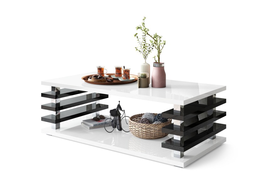 PORTO Bílý Lesk/Černý Lesk - MODERNÍ KONFERENČNÍ STOLEK S LAMELAMI 2v1 NA KOLEČKÁCH/NOHÁCH